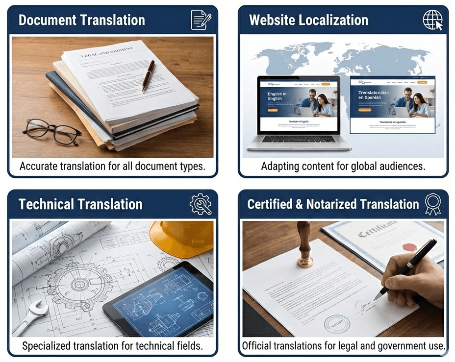 Translation services including certified, specialized and technical translations