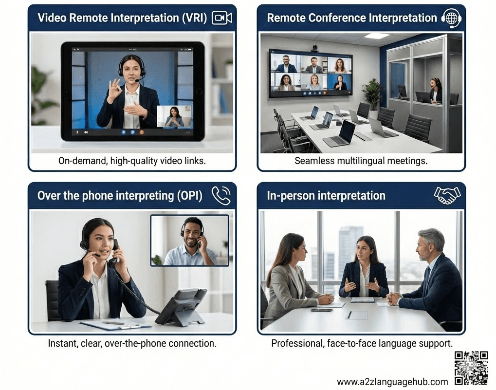 Interpretation services including on-site, over-the-phone and video remote interpretation